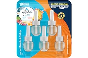 Glade Aromatizante para Hogar Líquido Eléctrico, Aceites Naturales, con Fragancia Continua, Aroma Paraiso Azul y Hawaiian Breeze, 5 Repuestos de 21ml cada uno