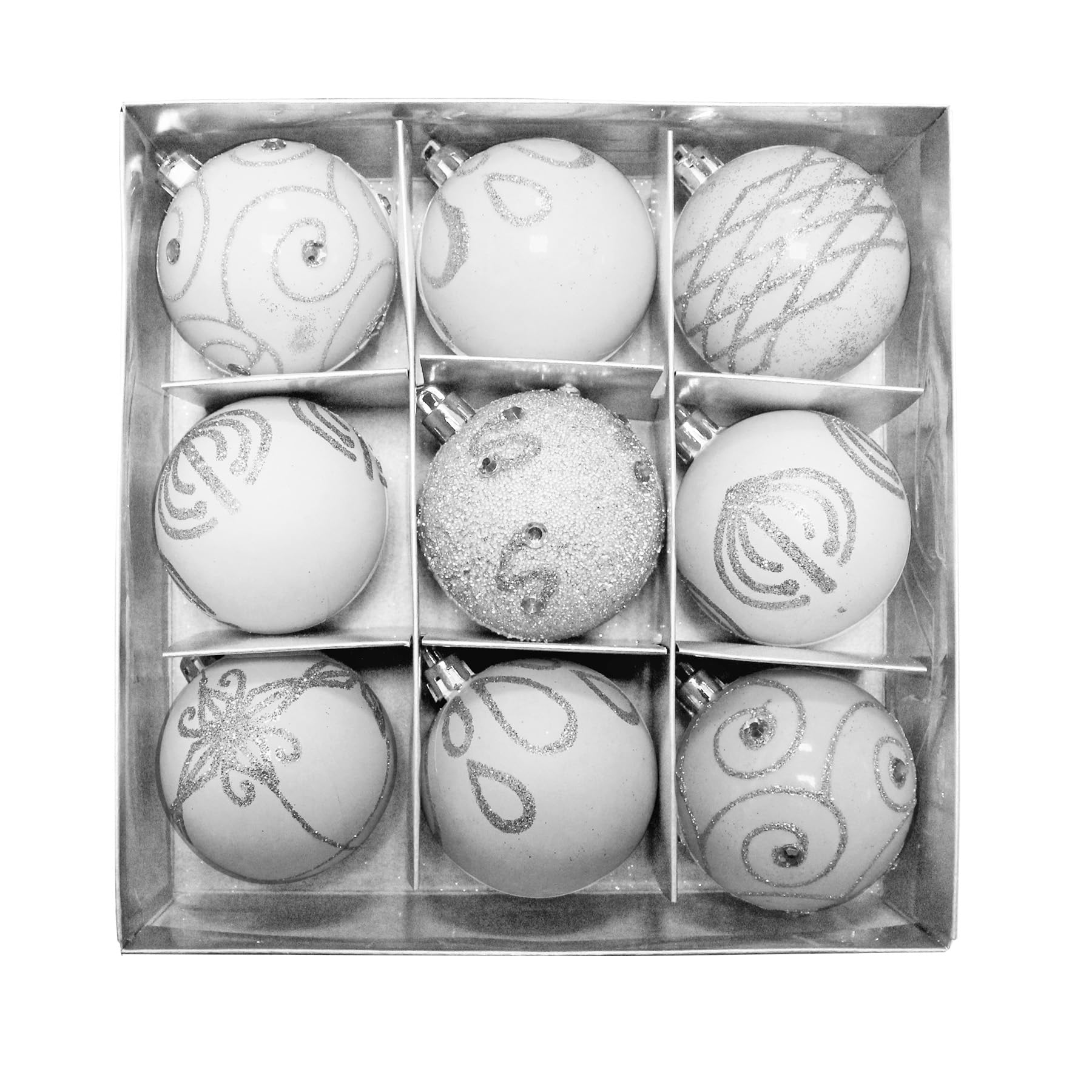 Shatterproof Christmas Tree Decorations.White Baubles, Stars, Drops, Tree Topper, Cones, 30mm 60mm (9 Pack 60mm Baubles)