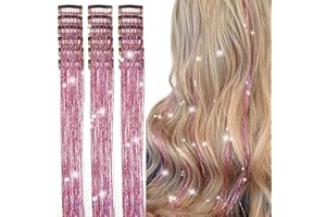 Aokomisu Hair Tinsel Clip in Pack of 18 Pcs 20 Inch Clip in Hair Tinsel Pink Glitter Tinsel Hair Extensions Fairy Hair Clips Party Dazzle Hair Accessories for Girls Kids Women (Pink-18 Pcs)