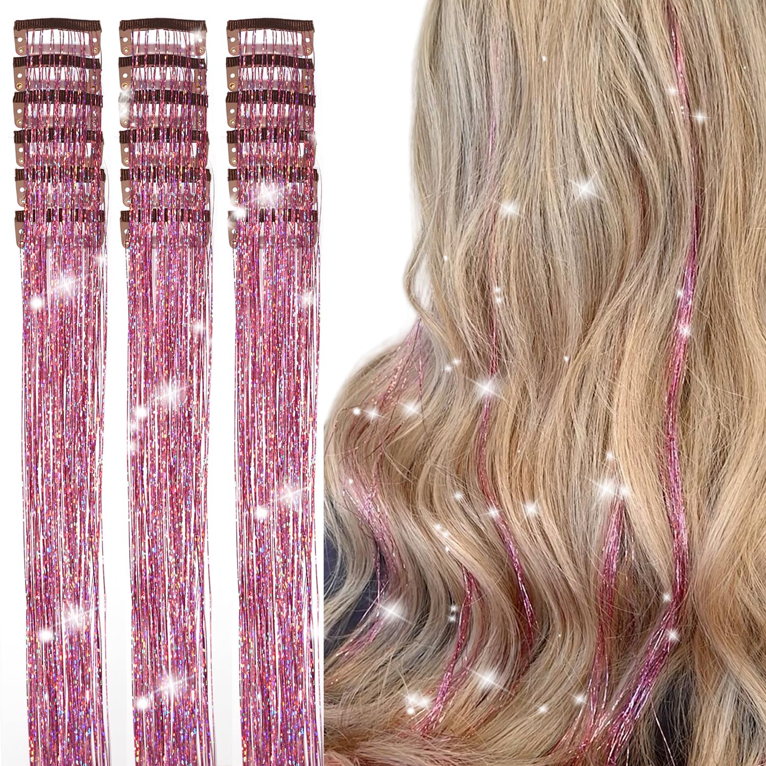 Photo 1 of Aokomisu Hair Tinsel Clip in Pack of 18 Pcs 20 Inch Clip in Hair Tinsel Pink Glitter Tinsel Hair Extensions Fairy Hair Clips Party Dazzle Hair Accessories for Girls Kids Women (Pink-18 Pcs)