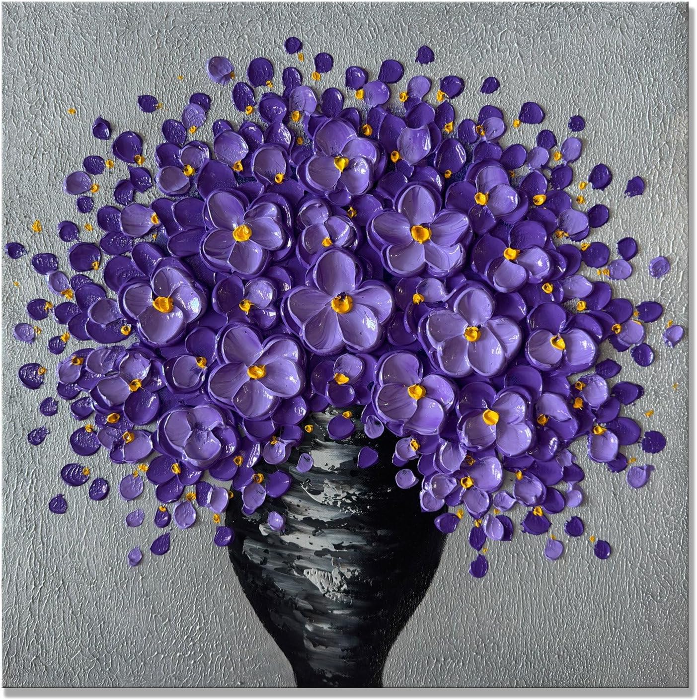 Paintings - Alenoss Hand Painted Purple Floral 3D Oil Paintings on Canvas Wall Art Modern Canvas Paintings Wall Decorations Abstract Mural Painting 20x20 inches Texture Wall Art