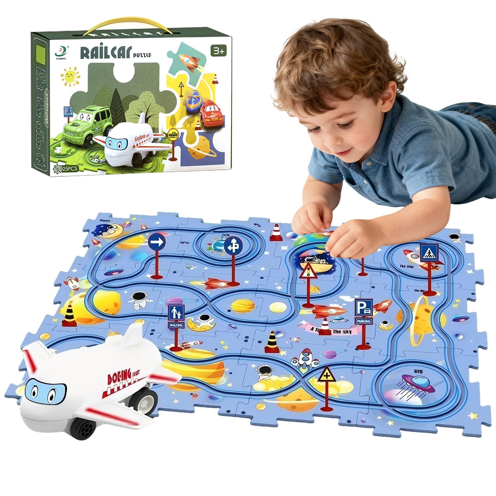 DiiWmme Puzzle Racer Track Car Set, 12 Pieces Jigsaw Puzzle with 1 Cars, Educational Montessori Toys for 3 4 5 Year Old Boys Girls, for Birthday Christmas Children's Day (Space)