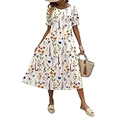 Zeagoo Womens Summer Dress Casual Midi Dresses 2026 Short Puff Sleeve Flare Dress Pleated Flowy Sundress with Pockets