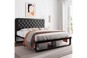 iPormis Full Metal Bed Frame with Faux Leather Headboard, Curved Platform Bed Frame, Thicker Metal Steel Slats Support, 12'' Under-Bed Space, Noise-Free, Easy Assembly, Black