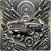 Vintage Muscle Car & Mechanical Gear Metal Tin Sign Retro Garage Wall Art Home Decor Classic Auto Tinplate Poster Gift For Car Enthusiasts Aluminum Sign For Man Cave,Bar,Outdoor Yard 8x8inch