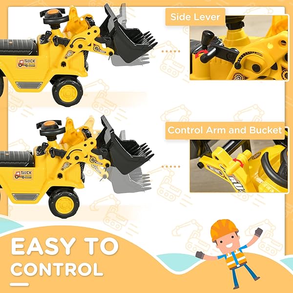 HOMCOM RIDE ON EXCAVATOR, KIDS BULLDOZER PULL CART WITH HORN, UNDER SEAT STORAGE, SIT AND SCOOT PRETEND PLAY TOY CONSTRUCTION CAR FOR AGES 18-48 MONTHS