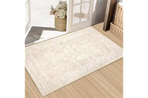 Aoyaomi Moroccan Area Rug 2x3 - Washable Distressed Entryway Rug Non-Slip Small Rug, Soft Low-Pile Geometric Farmhouse Indoor Door Mat Floor Carpet for Entrance Bedroom Kitchen Bathroom (2 x 3, Beige)