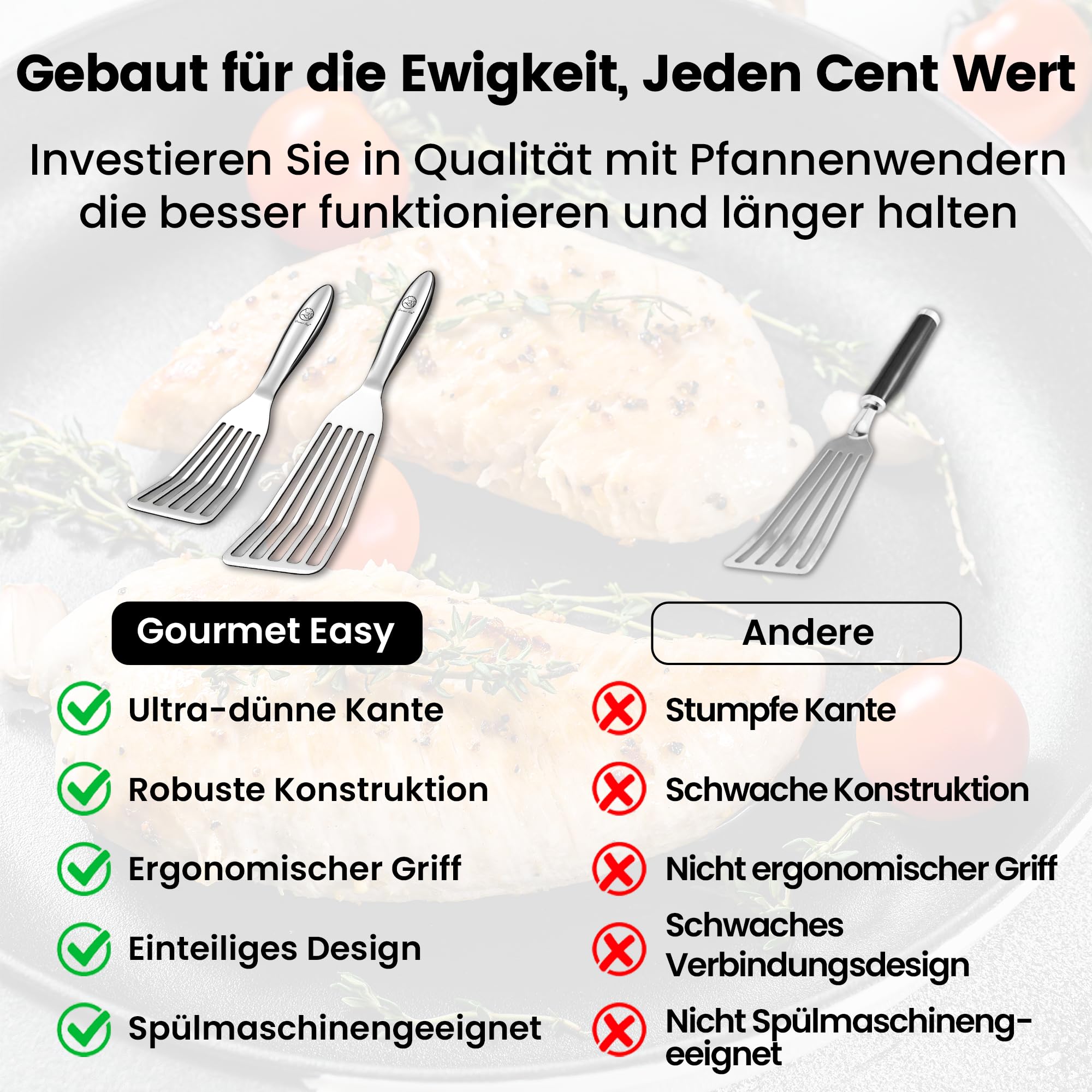 Pfannenwender Set aus rostfreiem Edelstahl für Fisch & Fleisch - Kleiner & Großer Pfannkuchenwender - Pfannenwender Edelstahl - Küchenhelfer 5 Jahre Ersatz 7