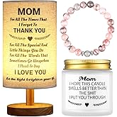 Rossesay 3 Pcs Gifts for Mom from Daughter Son Mom Birthday Gifts Set Moonstone Bracelet Candles Fabric Lamp Bedside Desk Lamps with Wooden Stand for Women Mother's Day