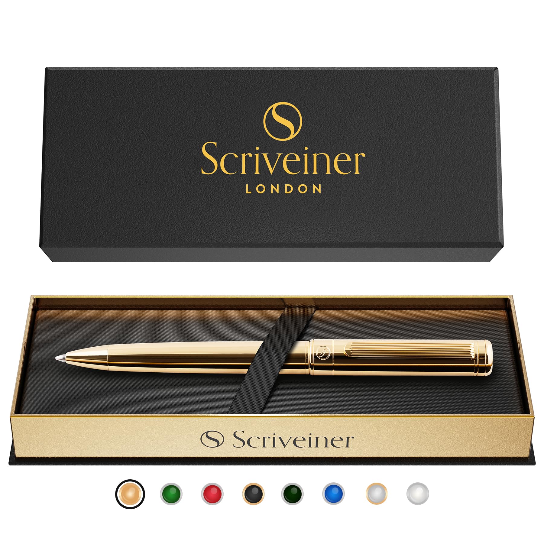 Scriveiner Gold Ballpoint Pen - Stunning Luxury Pen, Real Gold Plating, Schmidt Black Refill, Best Ball Pen Gift Set for Men & Women, Professional Executive Office, Nice Fancy Designer Pens