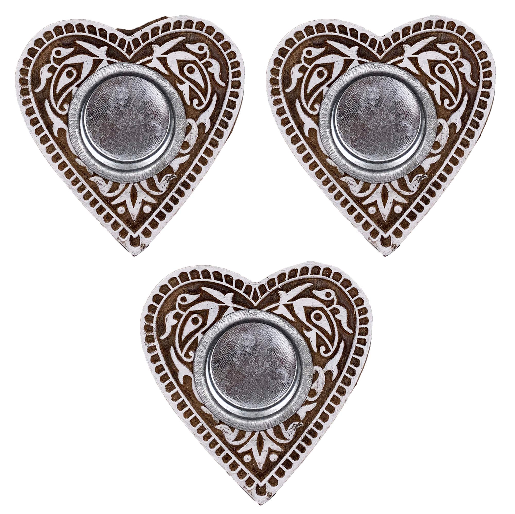 Snadi - Pack of 3 Decorative Heart-Shaped Candlesticks. Wooden Home/Office Decoration. Indian Handmade