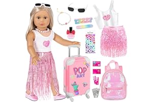 EBUDDY 18 Inch Doll Clothes and Accessories-Fashion Fringe Dress with Travel Suitcase Backpack Manicure Playset Including Tassel Dress Set, Suitcase, Backpack, Glasses, Necklace, Nail kit(No Shoes No Doll)