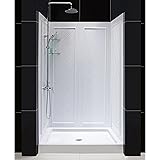 DreamLine 34 in. D x 48 in. W x 76 3/4 in. H Center Drain Acrylic Shower Base and QWALL-5 Backwall Kit In White, DL-6071C-01