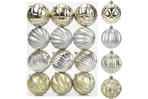 GNFLUS 12Pcs Christmas Ball Ornaments Silver Gold Christmas Ornaments 3.14" Christmas Tree Ornaments Big Plastic Christmas Ornaments Balls Gradient Hanging Christmas Balls Xmas Decorations for Holiday Party