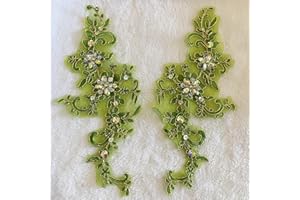 Zbroh Fine Lace Fabric Patches Embroidered Rhinestones Trim Applique Decor Dress Decoration sew on Sequins Beads Accessory one Pair (LightGreen 2)
