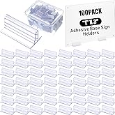 Fulmoon 100 Pcs Sign Holder Adhesive Base Sign Holders with Storage Box Multiple Uses for Counters Warehouses Sneeze Guard, Self Adhesive Name Tag(1*3in)