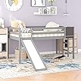 Twin Size Low Loft Bed with Slide,Kids Loft Bed with Chalkboard and Ladder,Wood Low Loft Bed Twin Size for Girls Boys,Grey