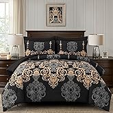 Mybedsoul 7 Pieces Black Comforter Set King Size, Gold Damask Bed in a Bag for King Bed, Lightweight Microfiber Boho Bedding Sets with Comforter, Sheet, Pillowcases & Shams for All Season(90"x104")