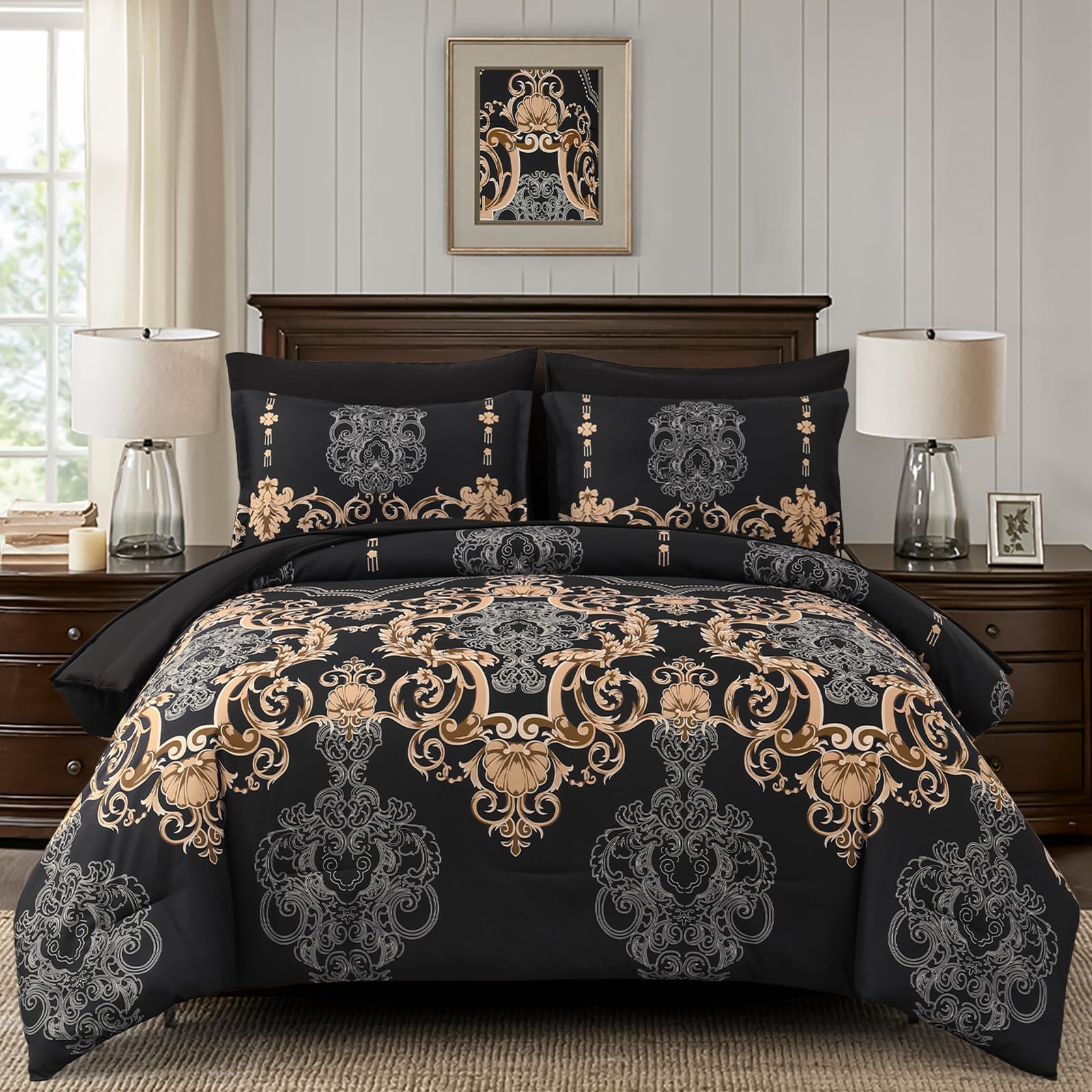 Photo 1 of Mybedsoul 7 Pieces Black Comforter Set King Size, Gold Damask Bed in a Bag for King Bed, Lightweight Microfiber Boho Bedding Sets with Comforter, Sheet, Pillowcases & Shams for All Season(90"x104")