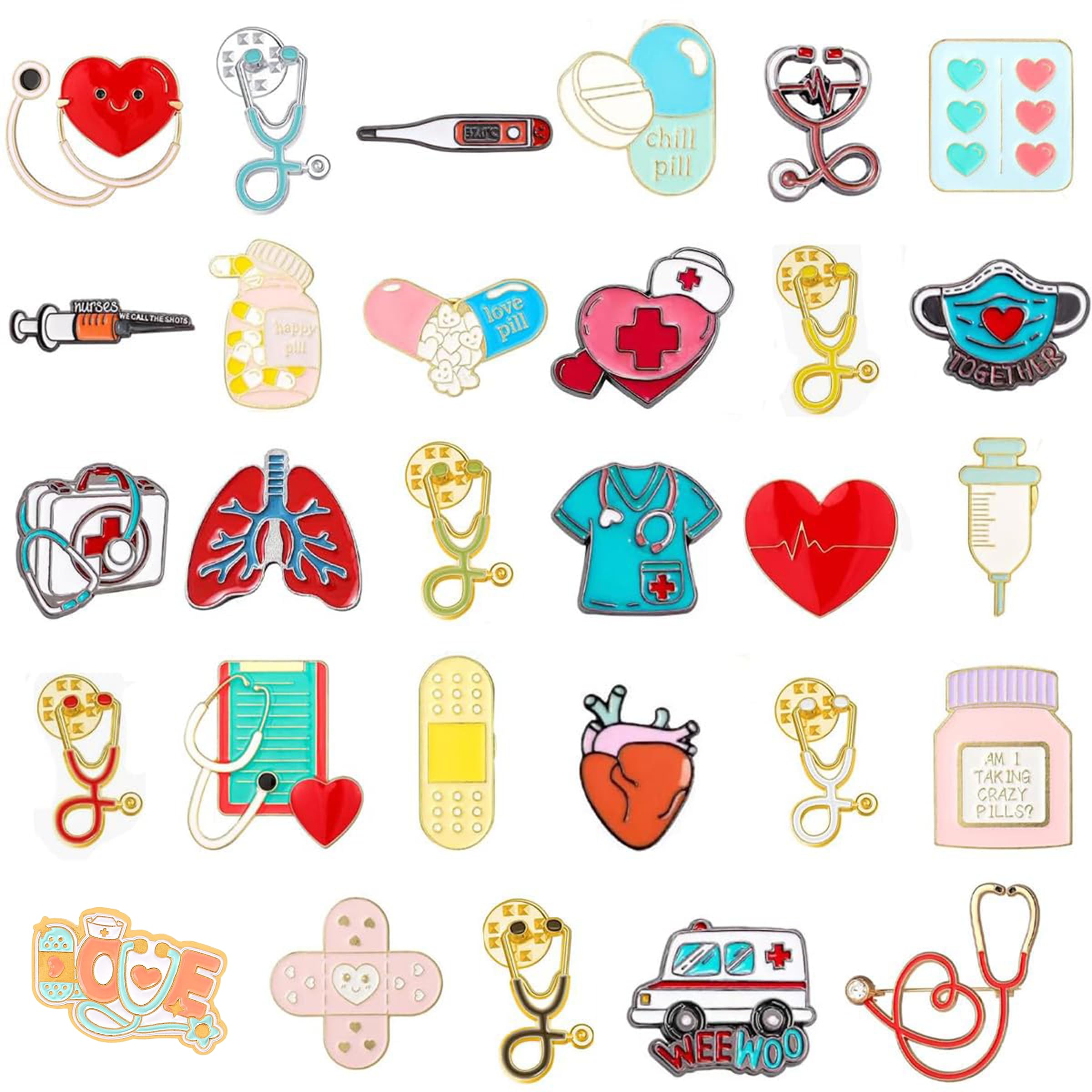 29 Pcs Nurse Stethoscope Enamel Pins Cute Brooch Pins Inspirational Cartoon Lapel Pins Badges Doctor for Nurses' Day Gifts Hat Jacket Bag Decor