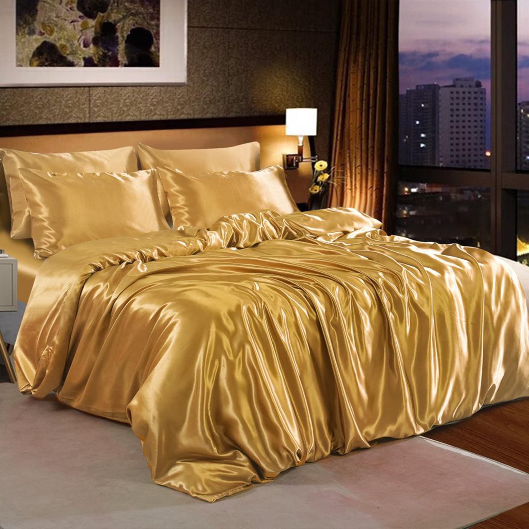 6PCS Satin Duvet Cover Bedding Set Plain Luxury Soft Bed Set Include (1xDuvet Cover, 1xFitted Sheet, 4xHousewife Pillow Case) (King, Gold)-(Same Day Dispatch) — image 1
