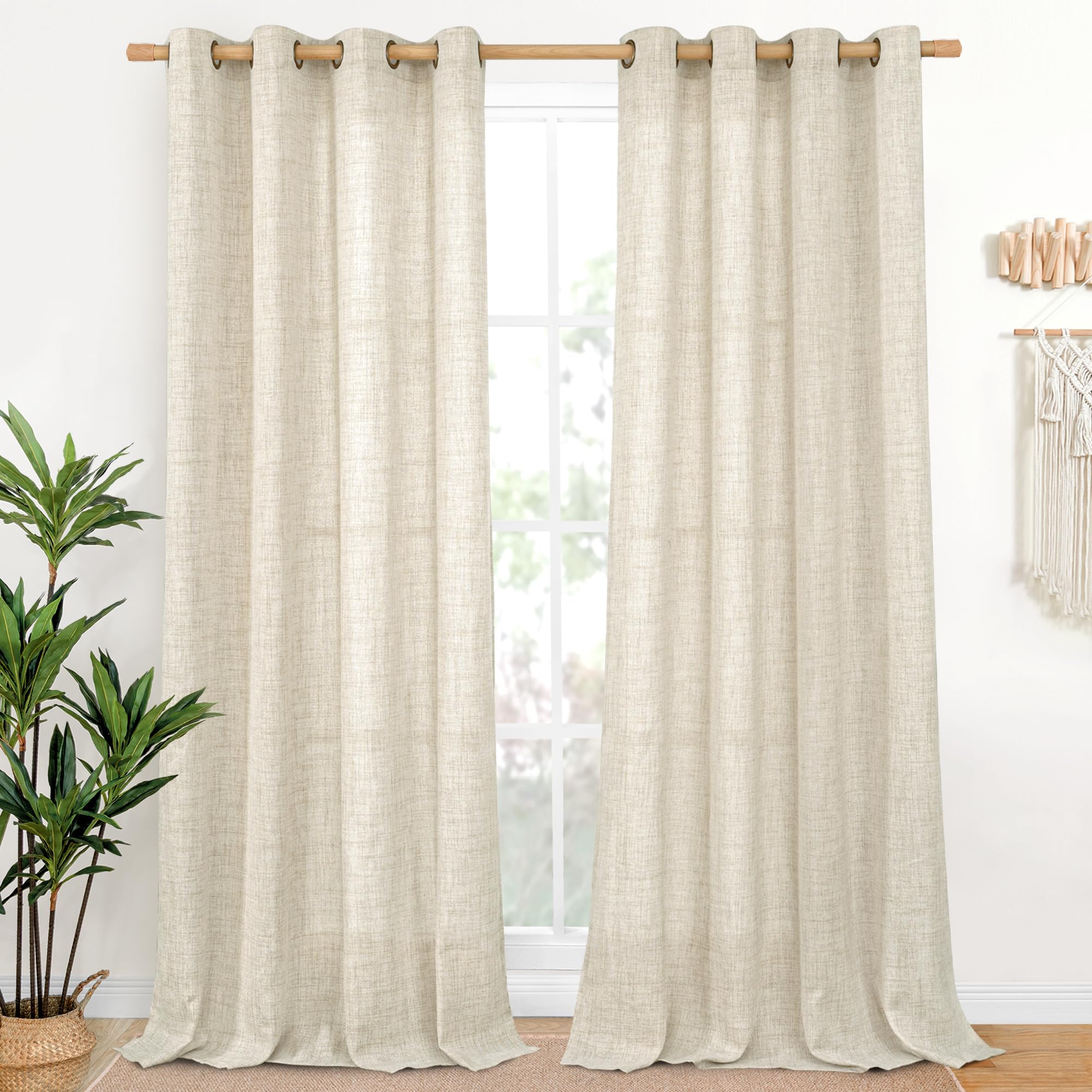 YoungsTex 84 Inches Long Linen Semi Sheer Curtains for Living Room 2 Panels - Light Filtering Window Treatments with Bronze Grommet Rustic Drapes for Country Bedroom, 52 x 84 Inch Image