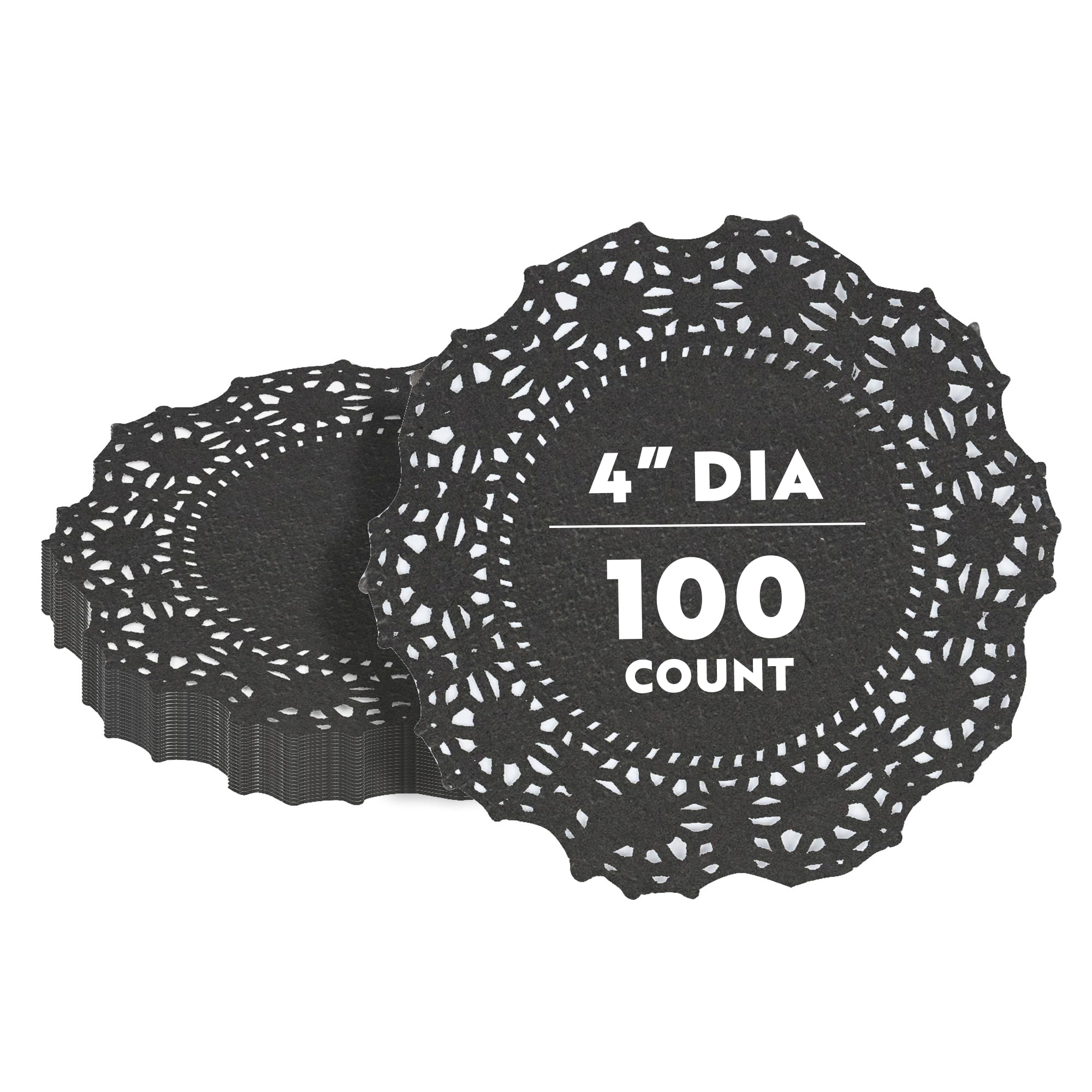 Restaurantware Disposable Paper Lace Doilies - Black - Round - Use with Cakes, Desserts, Baked Goods, Weddings, Decoration - 4 x 4 Inches - 100 ct Box - Pastry Tek