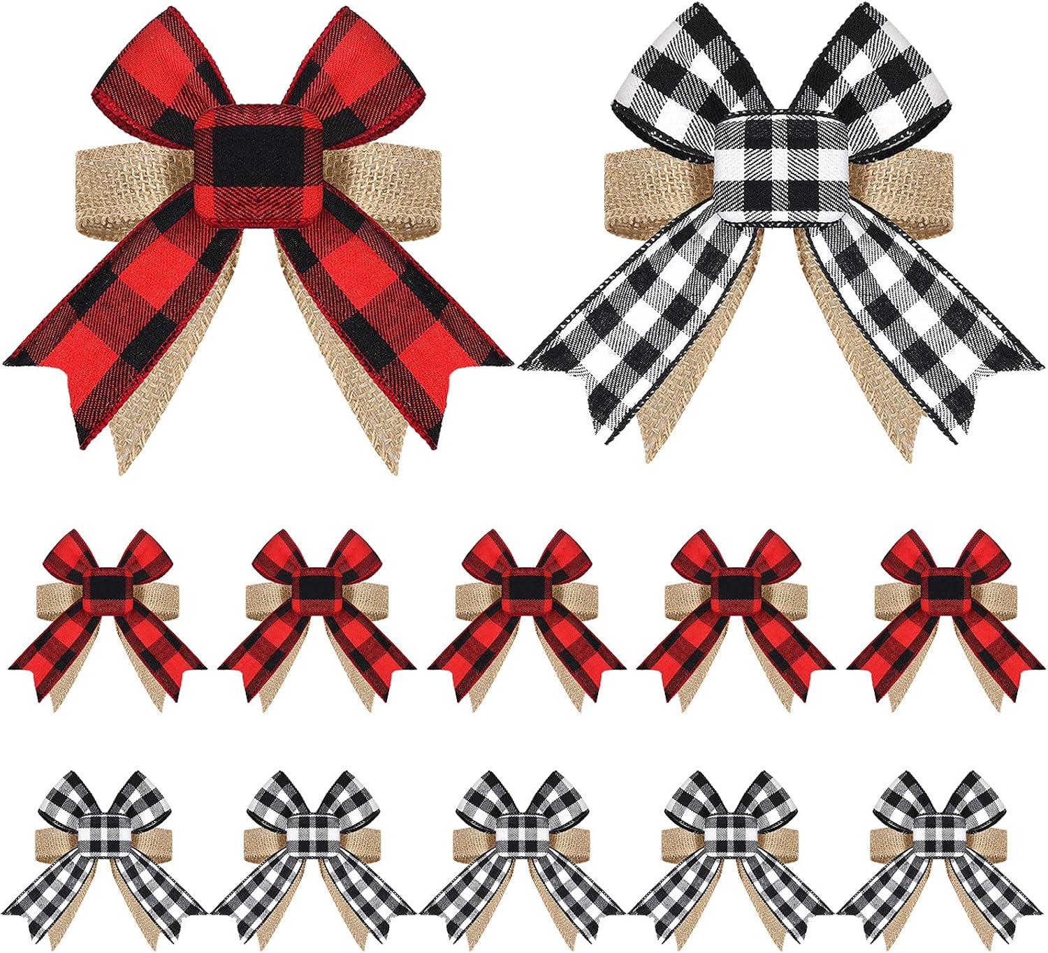 Bows & Ribbons - 12 Pieces Buffalo Plaid Burlap Bows Christmas Wreath Bow Rustic Tree Topper Christmas Bows Holiday Bows Decorations Ornaments for Wedding Birthday Party, 4.7 Inch (Red-Black Plaid, Black-White Plaid)