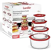 Lardur Glass Food Storage Containers with Glass Lids 4 Pack - Round Meal Prep Food Container Set with Airtight Lids - Microwave & Dishwasher Safe, 100% Plastic Free, Vented, Gift Packaged, Red Color
