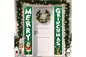 Jesiramoo Christmas Decorations Outdoor Yard: Cute Green White Front Porch Sign Set, Funny Thief Christmas Door Banner, Merry Grinchmas Decor for Home School Office Indoor Wall Garage Yard Outside