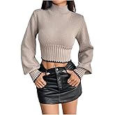 Verdusa Women's Crop Sweater High Neck Lantern Long Sleeve Ribbed Knit Casual Pullovers
