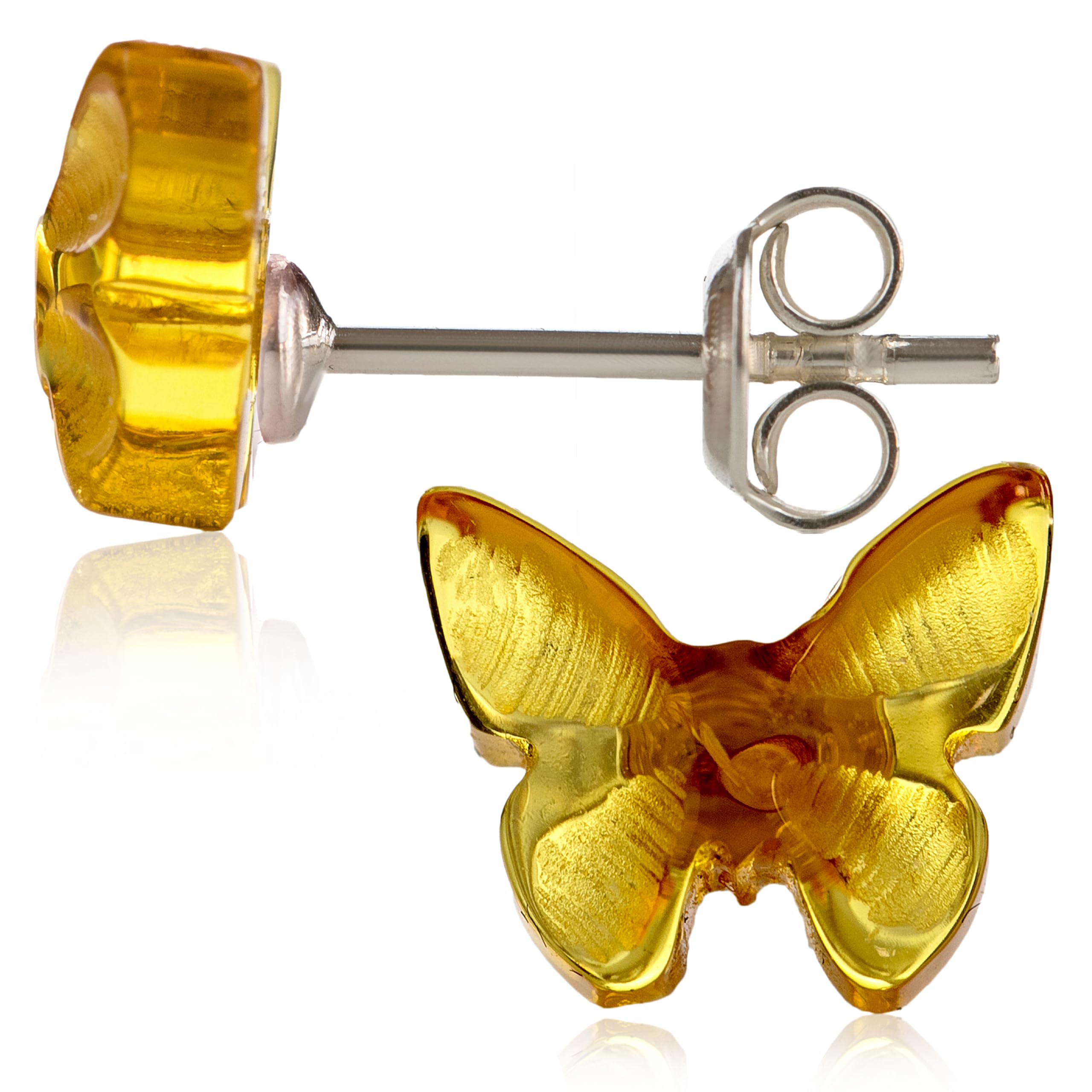 Amber Culture Amber Stud Butterfly Earrings in a Luxury Gift Box - Hypoallergenic 925 Sterling Silver - Carved from Baltic Natural Resin (Honey)
