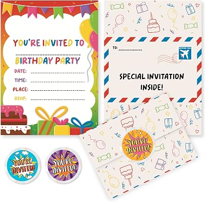 VELENTI 40 Pack Kids Birthday Invitations A5 Folding Envelope Design