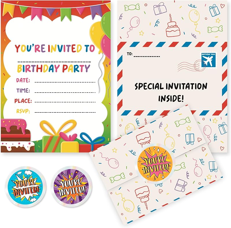 VELENTI 40 Pack Kids Birthday Invitations A5 Folding Envelope Design