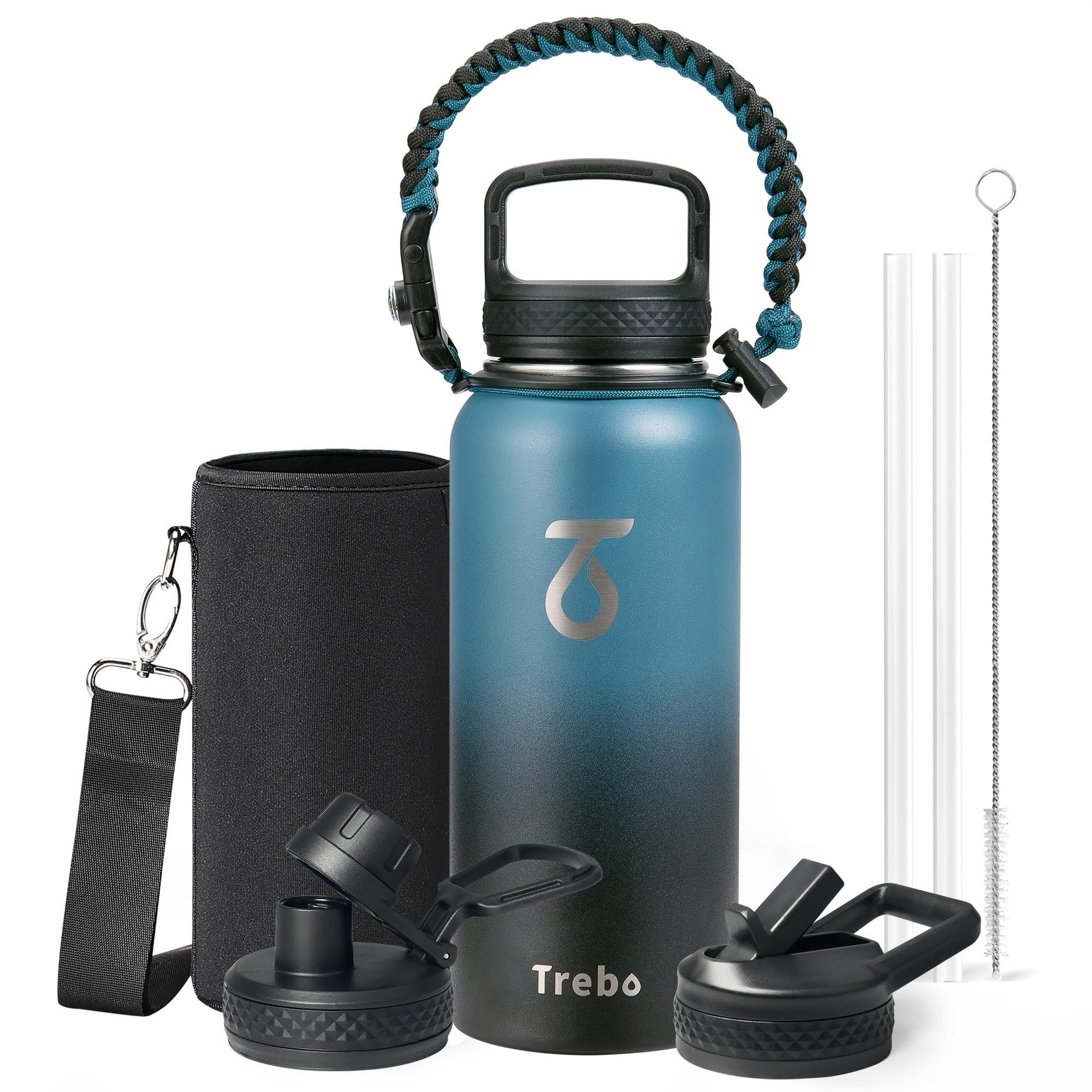 Trebo Insulated Mental Water Bottle 1 L with Paracord Handle Double Wall Stainless Steel Sports Keep Cold 48 Hours Wide Mouth with 3 Lids, Indigo Black