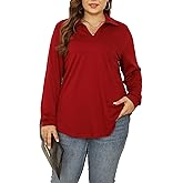 KLPOHV Women Plus Size Long Sleeve Collared V Neck Shirts Business Casual Work Tops Dressy Loose Tunic Blouses 1X-5X