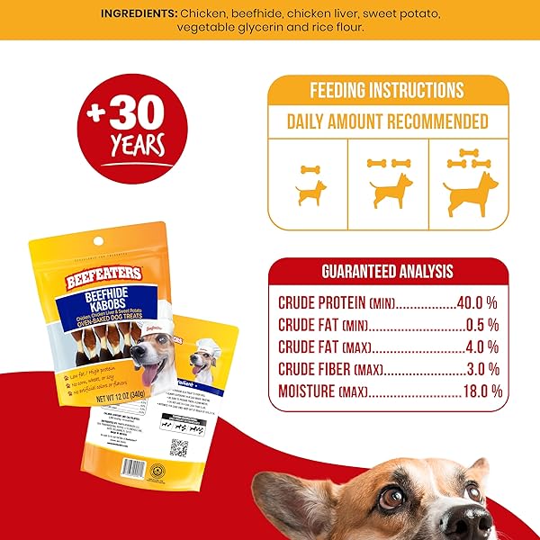 BEEFEATERS BEEFHIDE KABOBS 12OZ – DOG TREAT. TRIPLE FLAVOR WITH REAL CHICKEN, LIVER & SWEET POTATO, LONG-LASTING CHEW, SUPPORTS DENTAL HEALTH, IDEAL FOR TRAINING