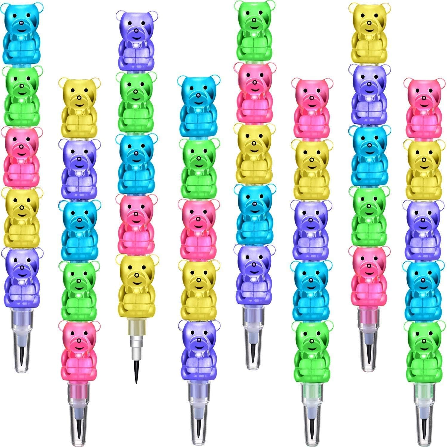 KAISILIN 30 Pieces Stackable Bear Pencils 5 in 1 Plastic Bear Pencils Stacking Colored Pencils Set for Students, Teachers, Office, Birthday Party Favors Supplies (30P Bear)