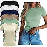 Neer 6 Pack Fitted Basic T-Shirts for Women Bulk, Tight Crewneck Short Sleeve Tops Multipack Slim Casual Summer Tees Blouse