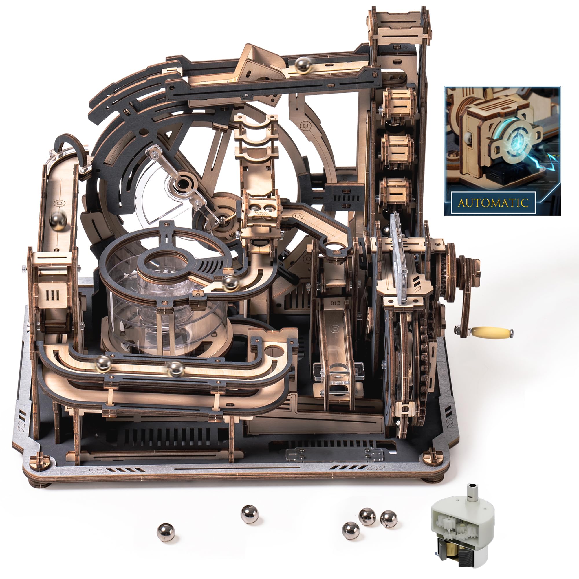 ROKR Marble Run 3D Wooden Puzzle for Adults, Motor-driven Mechanical Model Kits With Balls, Automatic & Manual Modes, Marble Spaceport, LGC01