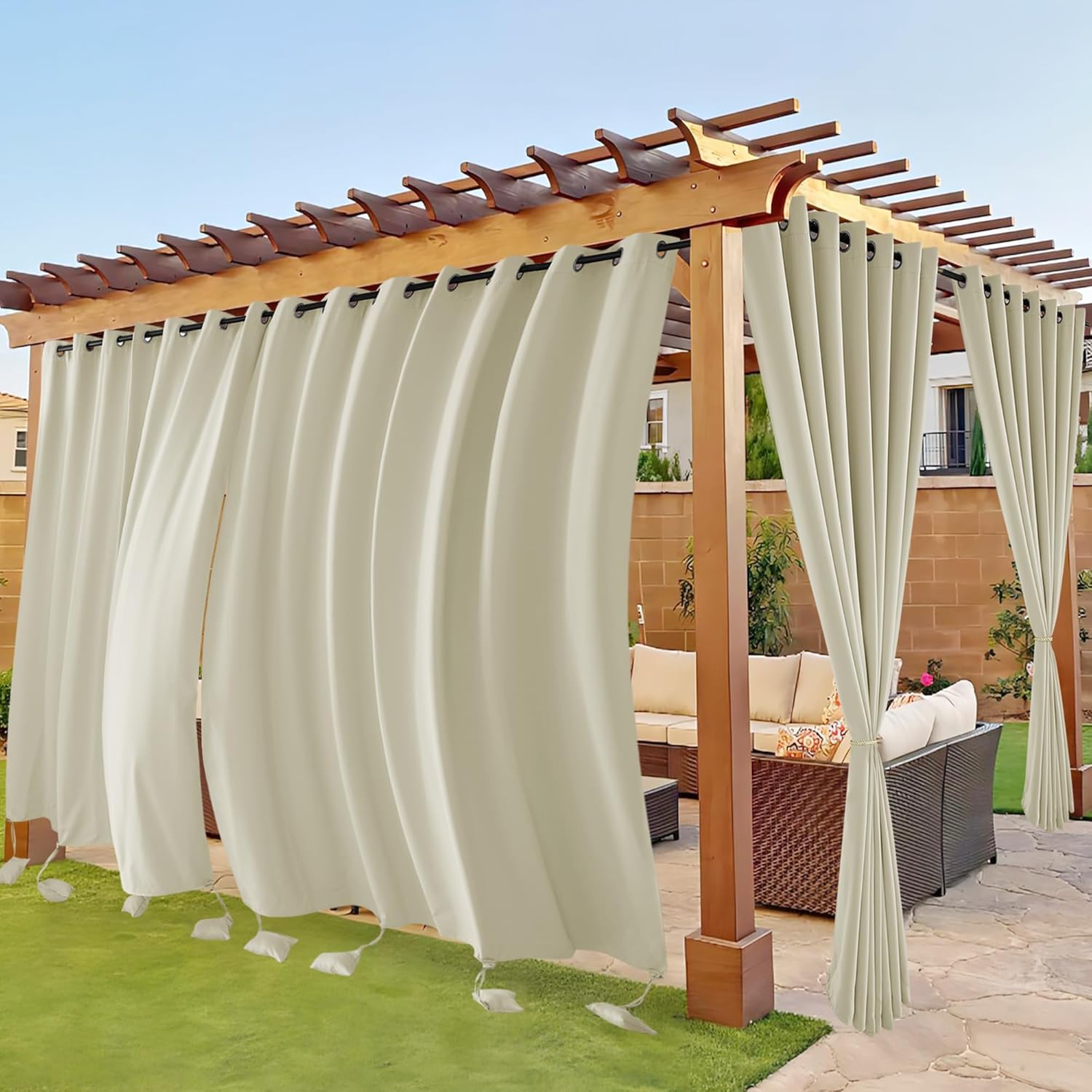 Outdoor Curtains - RYB HOME Extra Wide Outdoor Curtains Windproof, Blackout Waterproof Neighbor Privacy Outside Curtains for Patio Pergola Pool Hut Screen Porch Outside Deck, W 105 x L 84 inch, Cream Beige, 2 Panels