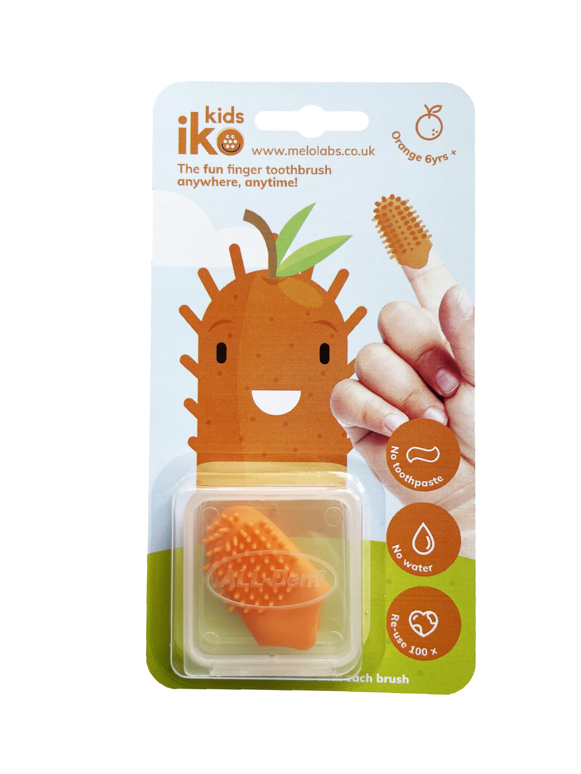 iKo Kids Finger Toothbrush + Clear Case, Soft Touch, No Toothpaste or Water Needed, 100% Recyclable Eco Child/Kids Home Dental Care, Mini Travel Oral Health Holiday Essential 4 Flavours - Orange