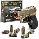 7 Piece Metal Polyhedral Bullet Dice Set with Shooting &amp; Fidget Modes, Pistol Shaped Case &amp; Bullet Dice for Cyberpunk Style Tabletop RPG Dice, Fidget Toy for Stress Relief (Golden)