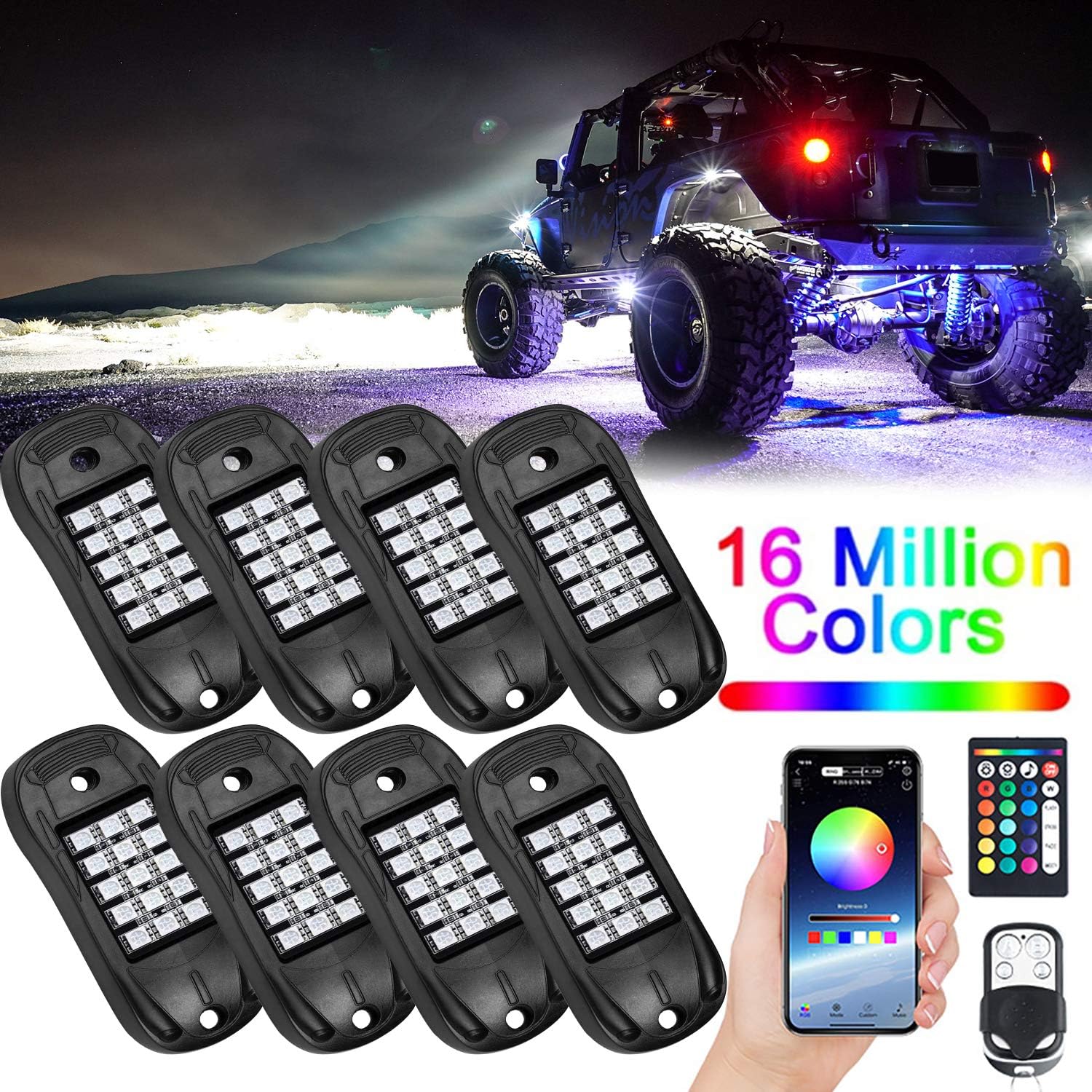 Ustellar RGB LED Rock Lights 8 Pods APP Remote Timing Music Mode Multicolor Neon LED Light Kit Waterproof AUTO Wheel Exterior Underglow Lighting for Chevy Jeep Under Car Truck RZR ATV UTV SUV Off road: Automotive