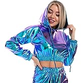 OBEEII Womens Shiny Metallic Crop Top Hoodies Drawstring Long Sleeve Wet Look Pullover Holographic Sweatshirts Club Wear