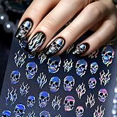Silver Glitter Skull Flame Nail Art Stickers, Sparkly Halloween Nail Decals, Gothic Punk Nail Art Accessories for DIY Manicure Decorations 1PCS