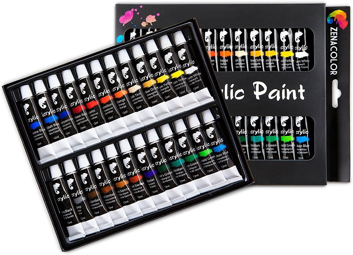 Zenacolor Acrylic Paint Set, 24 Acrylic Paints, 24 Tubes of 0.4 oz (12 mL) - Art Set for Adults and Kids - Craft Supplies Painting Canvas Panels, River Rocks, Glass, Wood, Fabric, Ceramic