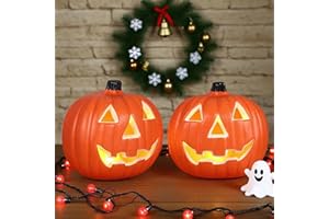 LUCKYERA Halloween Light Up Pumpkin Jack O Lantern Pumpkins Decor Vintage Plastic Pumpkin Statue Halloween Table Decor Vintage Jackolentern Pumpkins Lights for Porch, Fireplace Mantle Home Party Decor