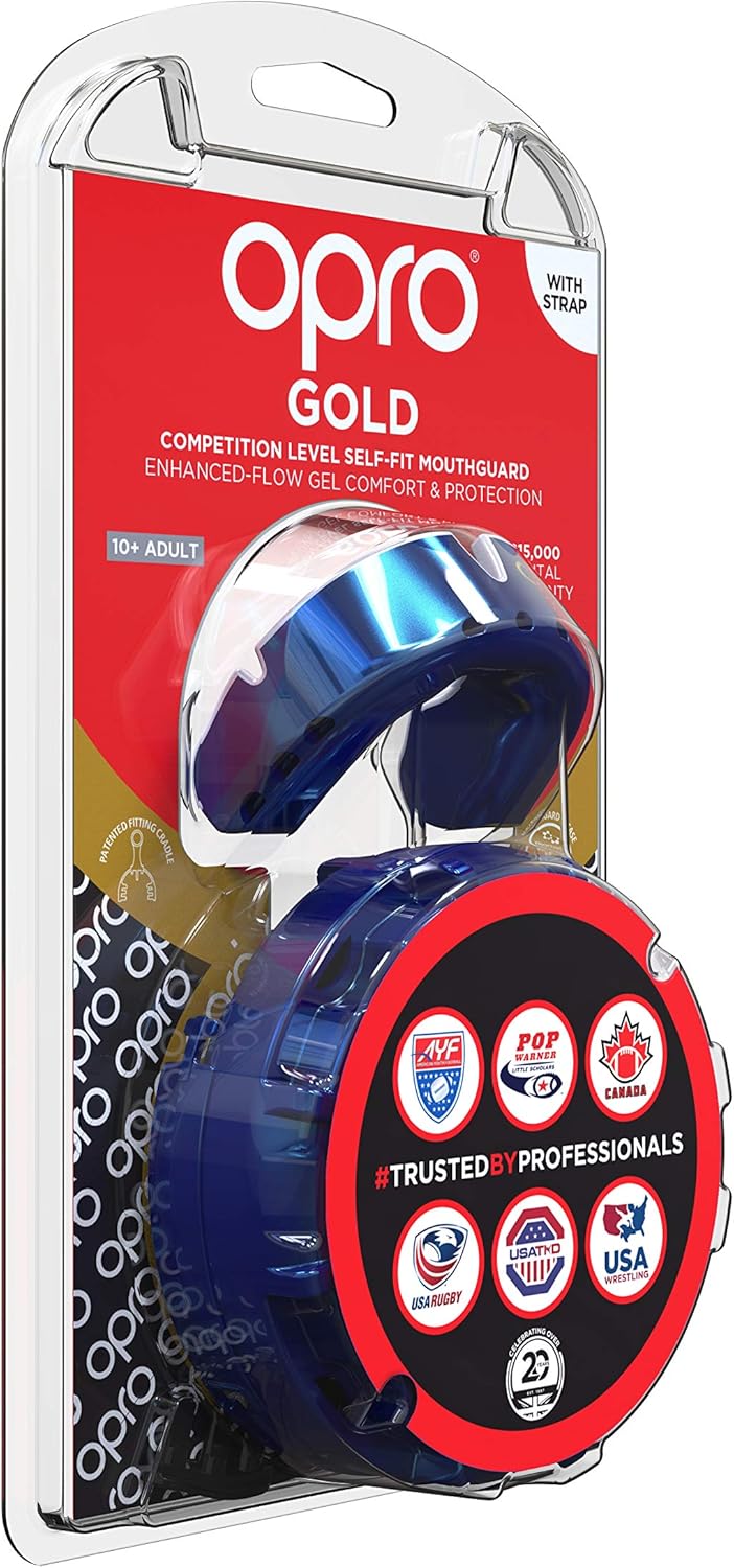 OPRO Gold Level Mouthguard + Strap | Gum Shield for Football, Lacrosse, and Other Contact Sports - 18 Month Dental Warranty (Blue, Adult) : Sports & Outdoors