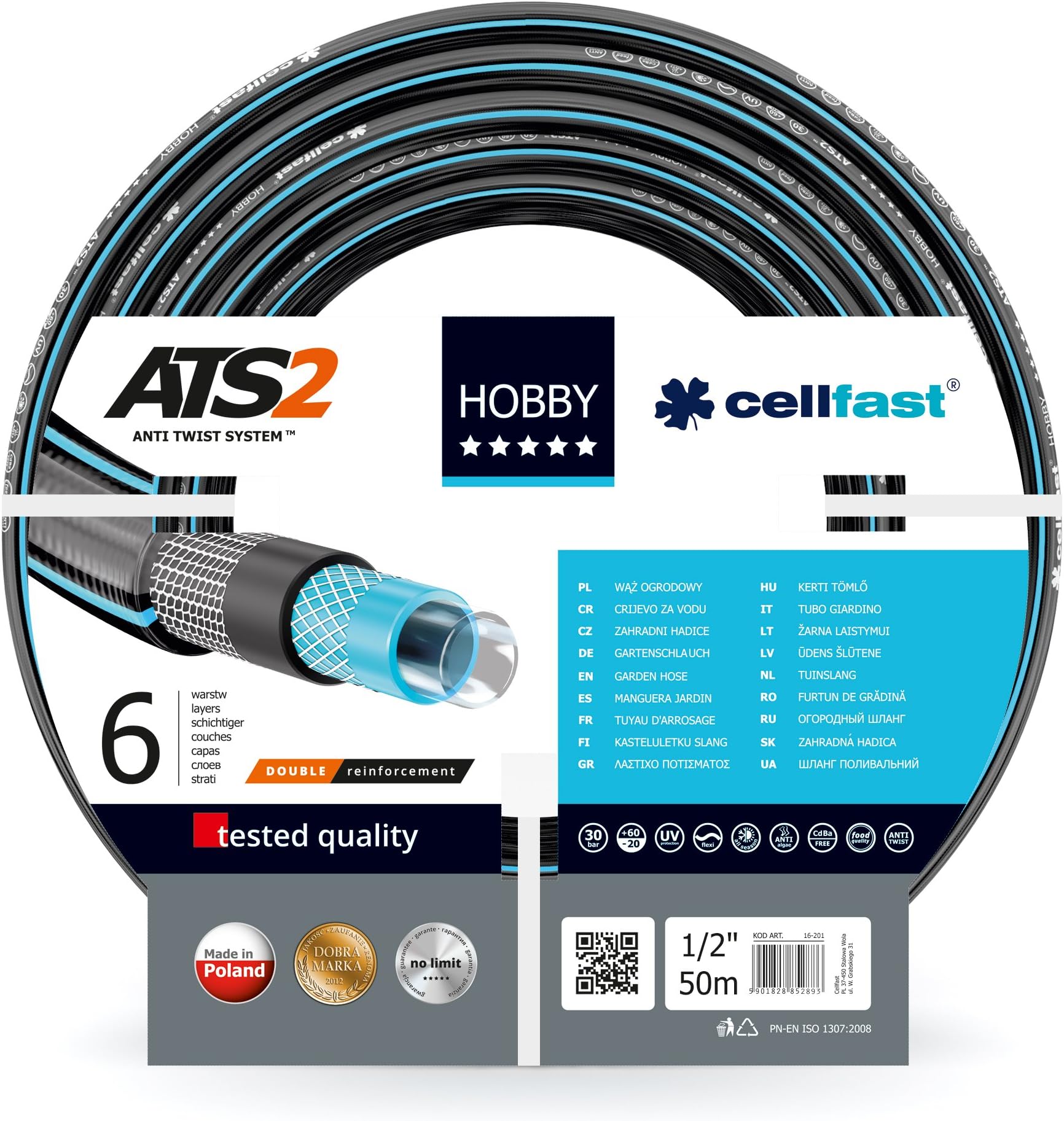 Cellfast Garden Hobby ATS2, Flexible 6-Layer Hose, Double Braid with Cross and Tricot Fabric, 30 Bar Burst Pressure, Black/Blue, 50m x 1/2 inch